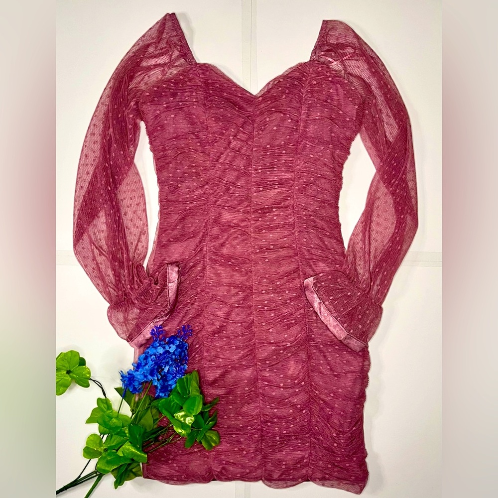 Haute Monde Womens‎ Dress Sz S Magenta Mesh Off Shoulder Ruched Ruffled Bodycon